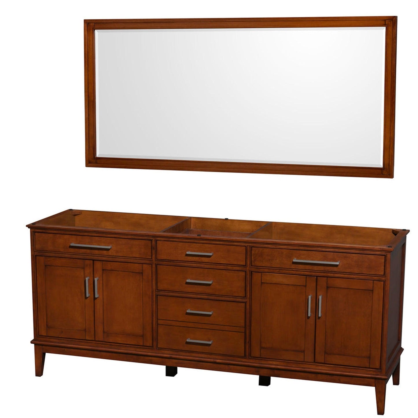Wyndham Collection Hatton 80" Double Bathroom Vanity in Light Chestnut, No Countertop, No Sinks, and 70" Mirror