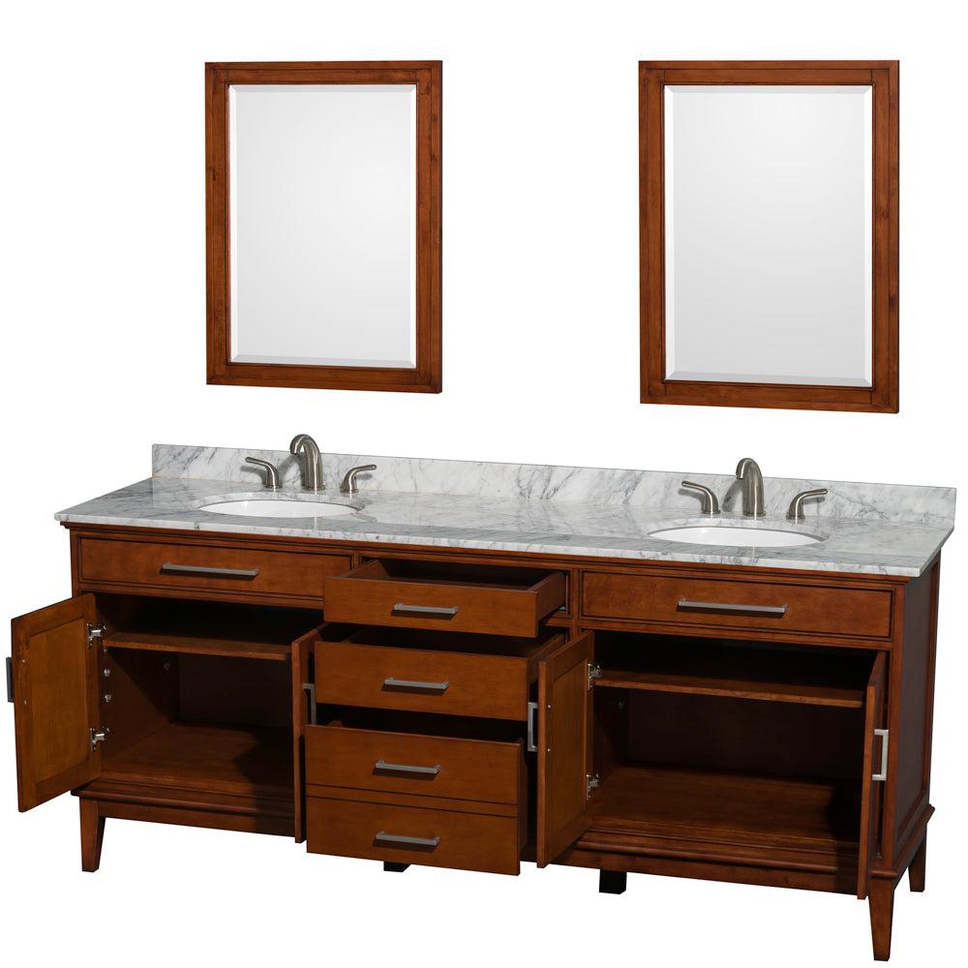 Wyndham Collection Hatton 80" Double Bathroom Vanity in Light Chestnut, White Carrara Marble Countertop, Undermount Oval Sinks, and 24" Mirror
