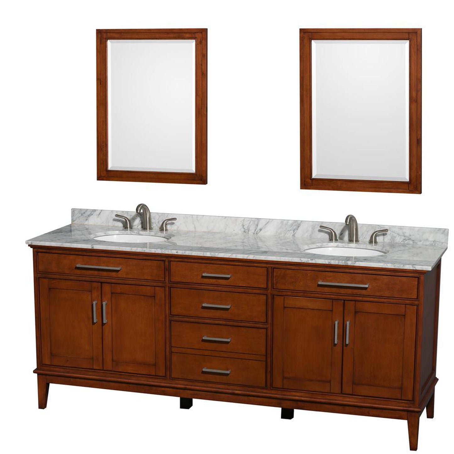 Wyndham Collection Hatton 80" Double Bathroom Vanity in Light Chestnut, White Carrara Marble Countertop, Undermount Oval Sinks, and 24" Mirror