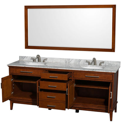 Wyndham Collection Hatton 80" Double Bathroom Vanity in Light Chestnut, White Carrara Marble Countertop, Undermount Oval Sinks, and 70" Mirror
