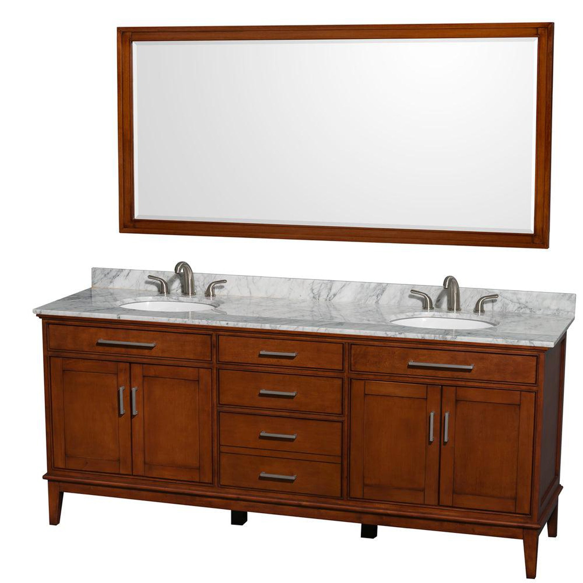 Wyndham Collection Hatton 80" Double Bathroom Vanity in Light Chestnut, White Carrara Marble Countertop, Undermount Oval Sinks, and 70" Mirror