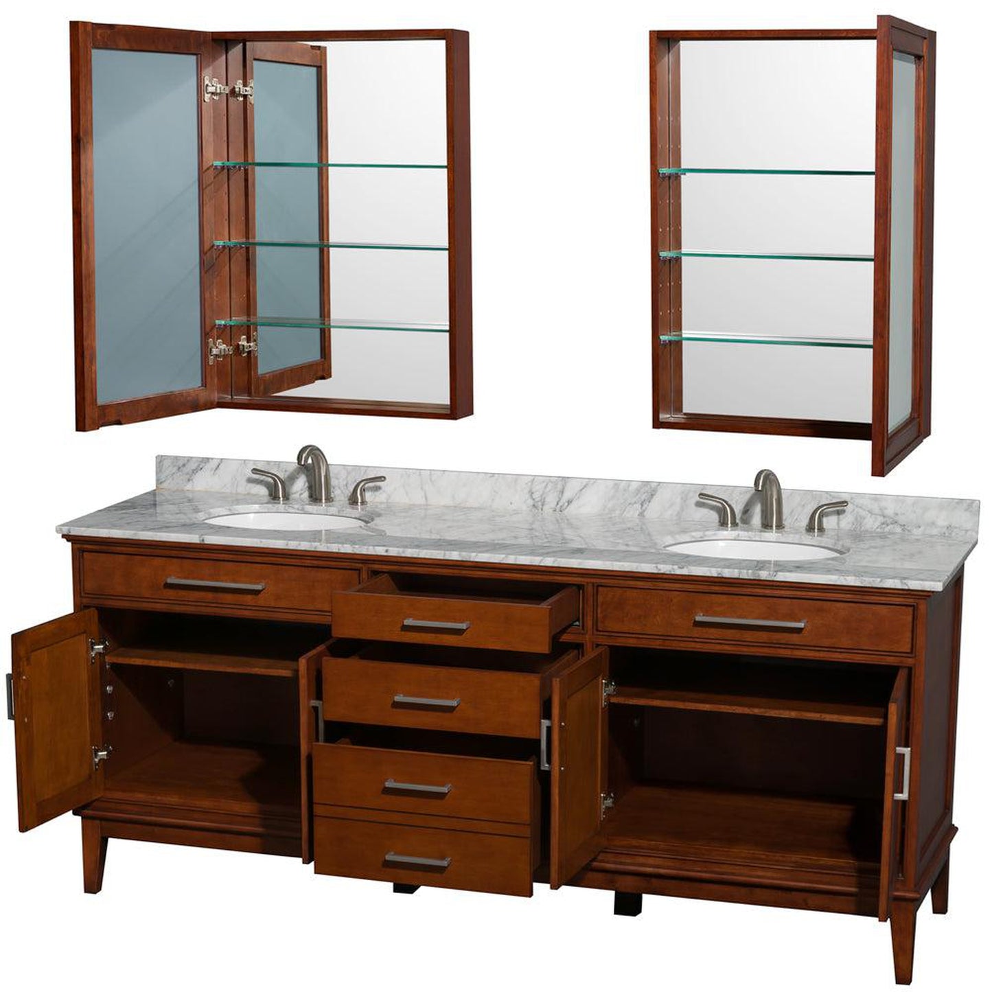 Wyndham Collection Hatton 80" Double Bathroom Vanity in Light Chestnut, White Carrara Marble Countertop, Undermount Oval Sinks, and Medicine Cabinet