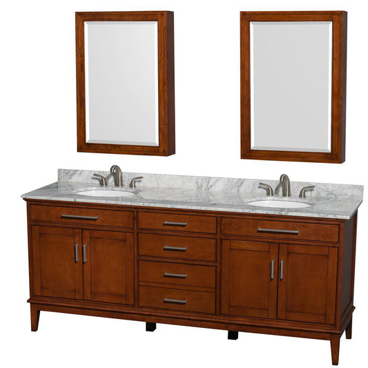 Wyndham Collection Hatton 80" Double Bathroom Vanity in Light Chestnut, White Carrara Marble Countertop, Undermount Oval Sinks, and Medicine Cabinet