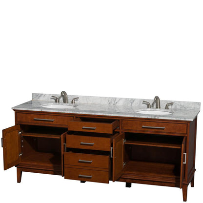 Wyndham Collection Hatton 80" Double Bathroom Vanity in Light Chestnut, White Carrara Marble Countertop, Undermount Oval Sinks, and No Mirror