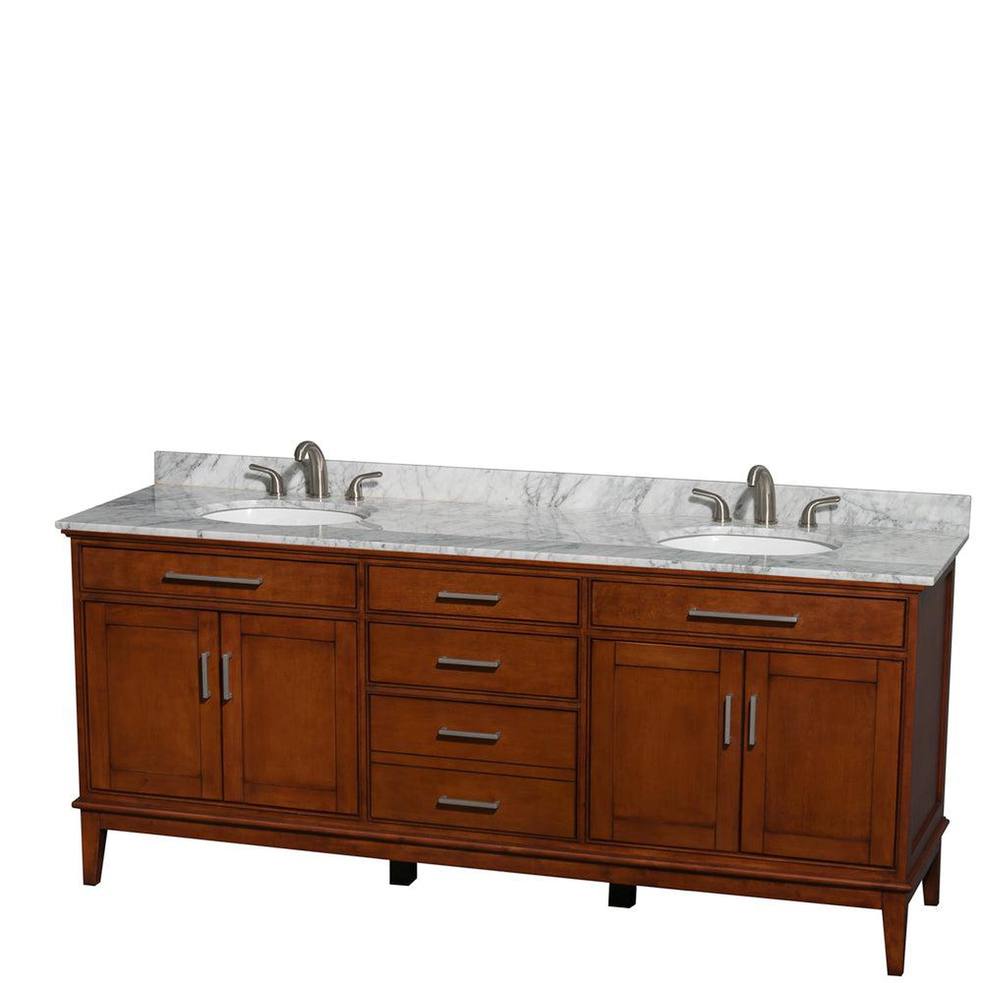 Wyndham Collection Hatton 80" Double Bathroom Vanity in Light Chestnut, White Carrara Marble Countertop, Undermount Oval Sinks, and No Mirror