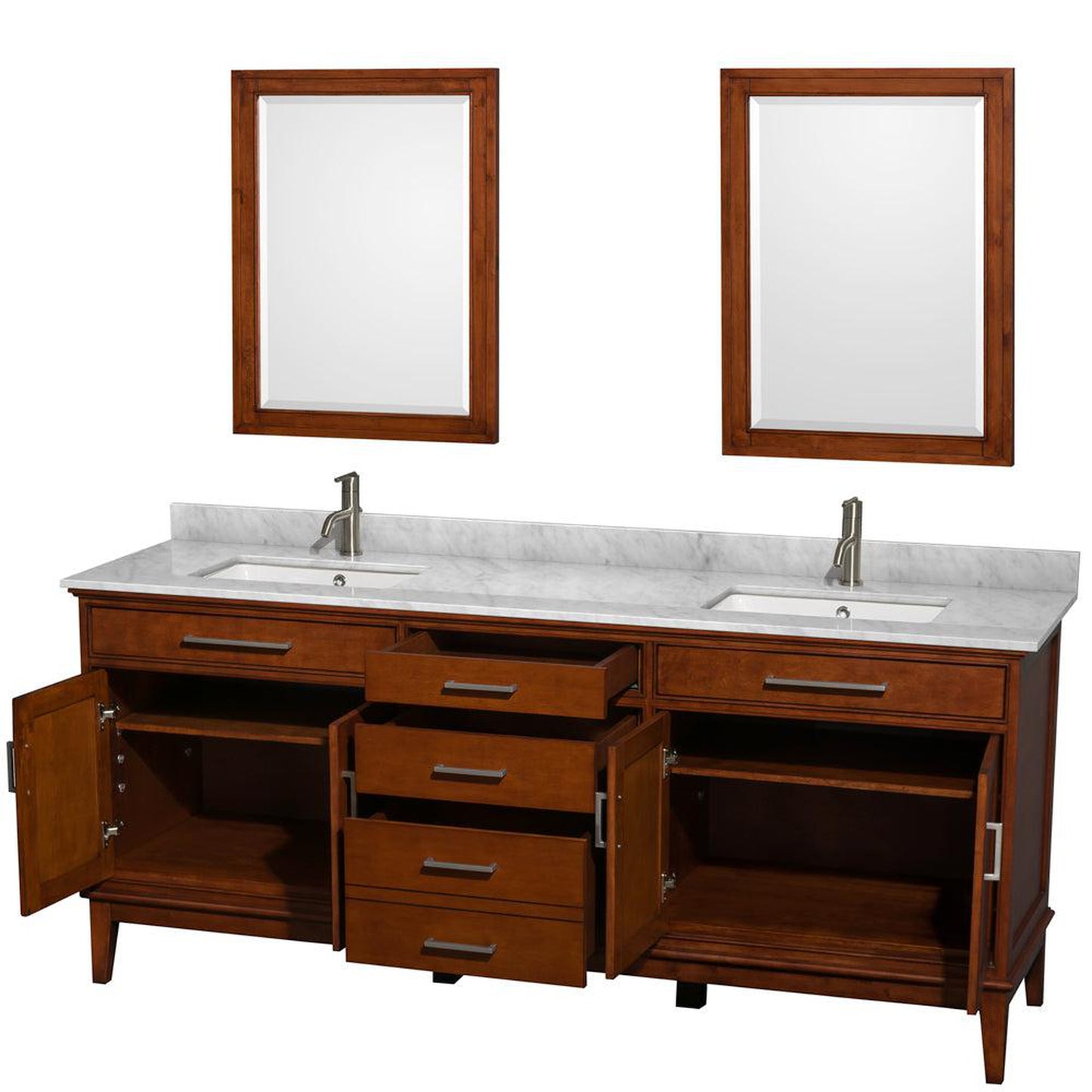 Wyndham Collection Hatton 80" Double Bathroom Vanity in Light Chestnut, White Carrara Marble Countertop, Undermount Square Sinks, and 24" Mirror