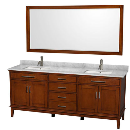 Wyndham Collection Hatton 80" Double Bathroom Vanity in Light Chestnut, White Carrara Marble Countertop, Undermount Square Sinks, and 70" Mirror