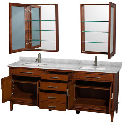 Wyndham Collection Hatton 80" Double Bathroom Vanity in Light Chestnut, White Carrara Marble Countertop, Undermount Square Sinks, and Medicine Cabinet