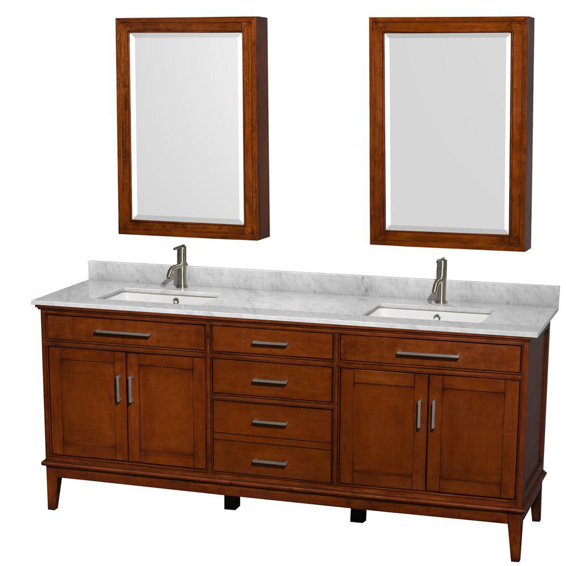 Wyndham Collection Hatton 80" Double Bathroom Vanity in Light Chestnut, White Carrara Marble Countertop, Undermount Square Sinks, and Medicine Cabinet