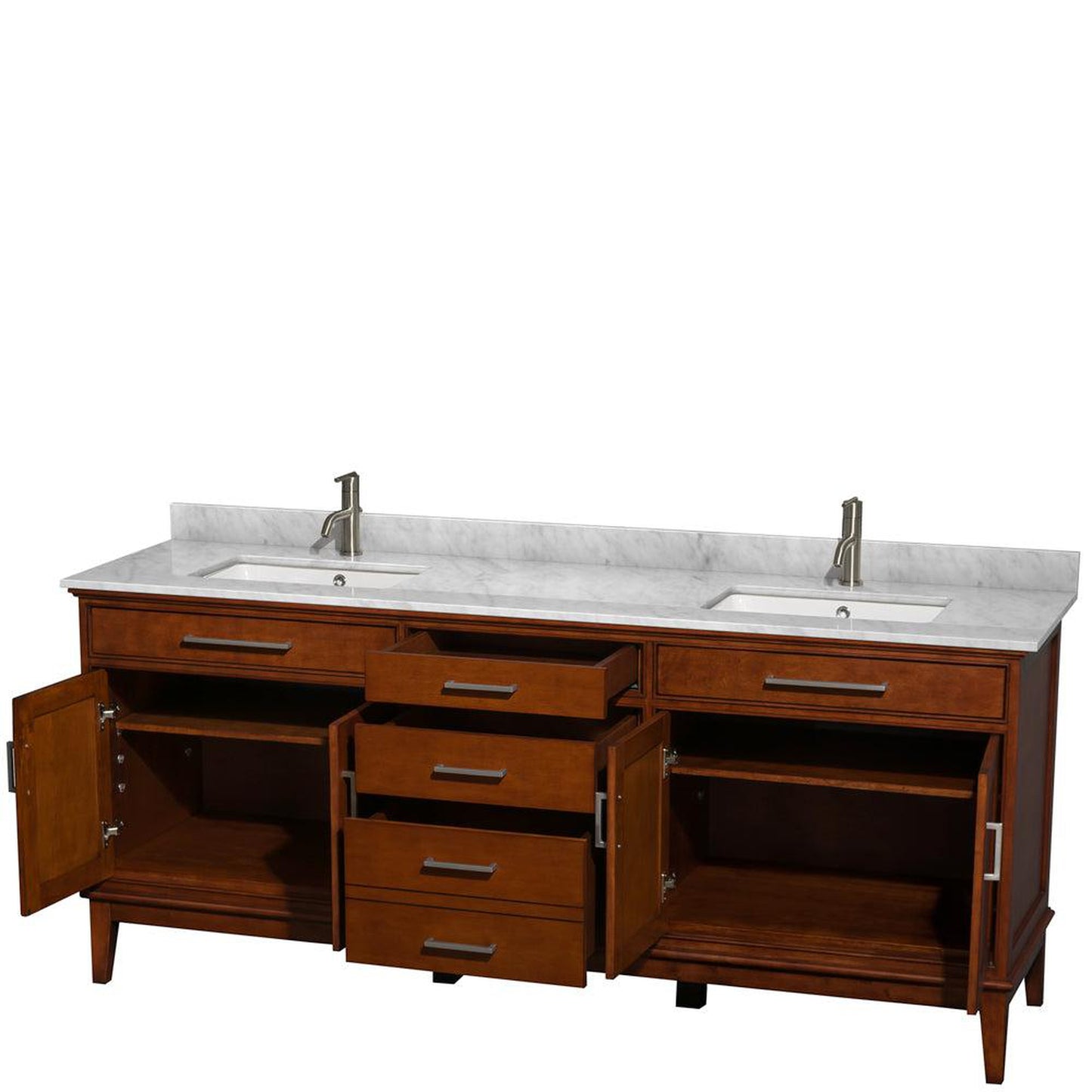 Wyndham Collection Hatton 80" Double Bathroom Vanity in Light Chestnut, White Carrara Marble Countertop, Undermount Square Sinks, and No Mirror