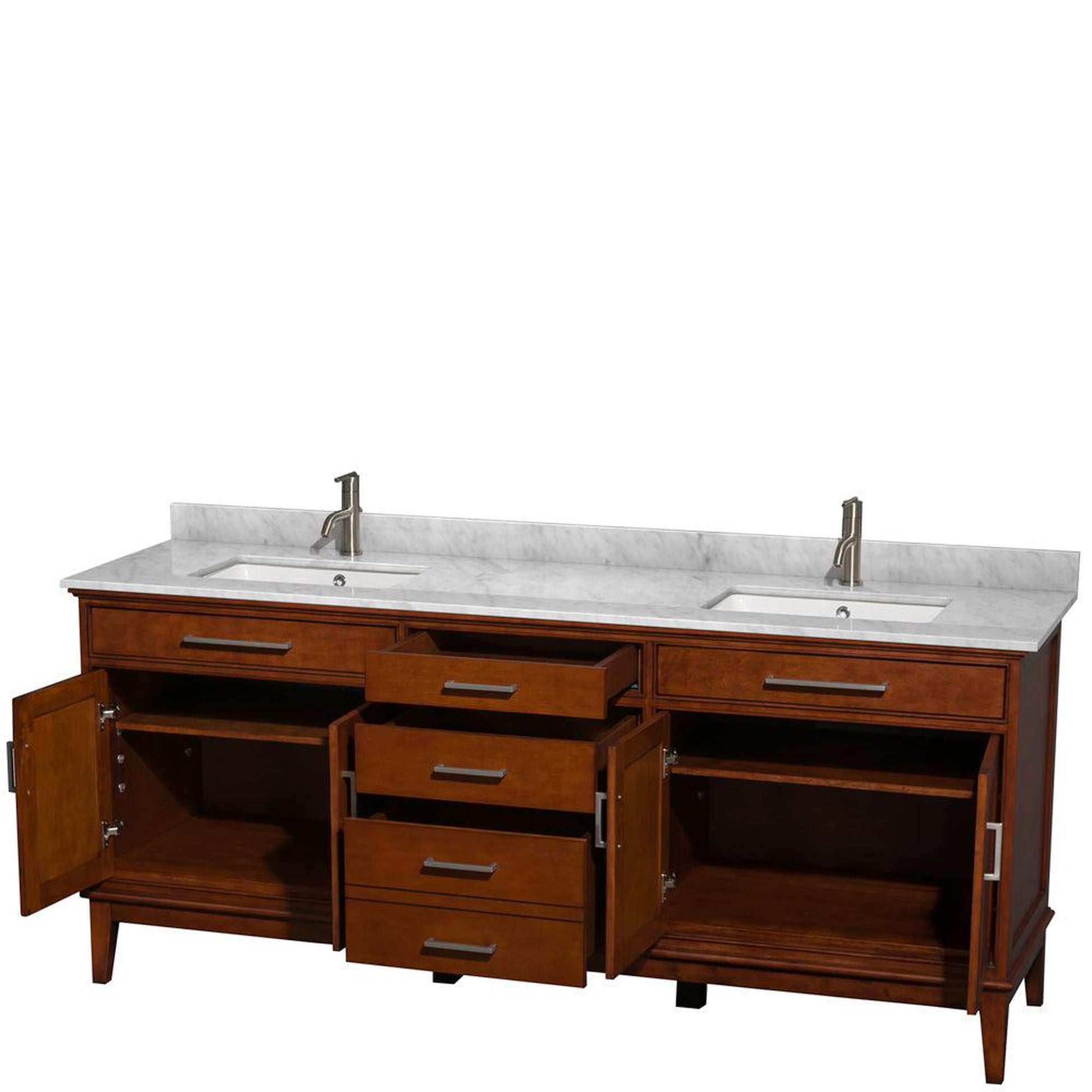 Wyndham Collection Hatton 80" Double Bathroom Vanity in Light Chestnut, White Carrara Marble Countertop, Undermount Square Sinks, and No Mirror