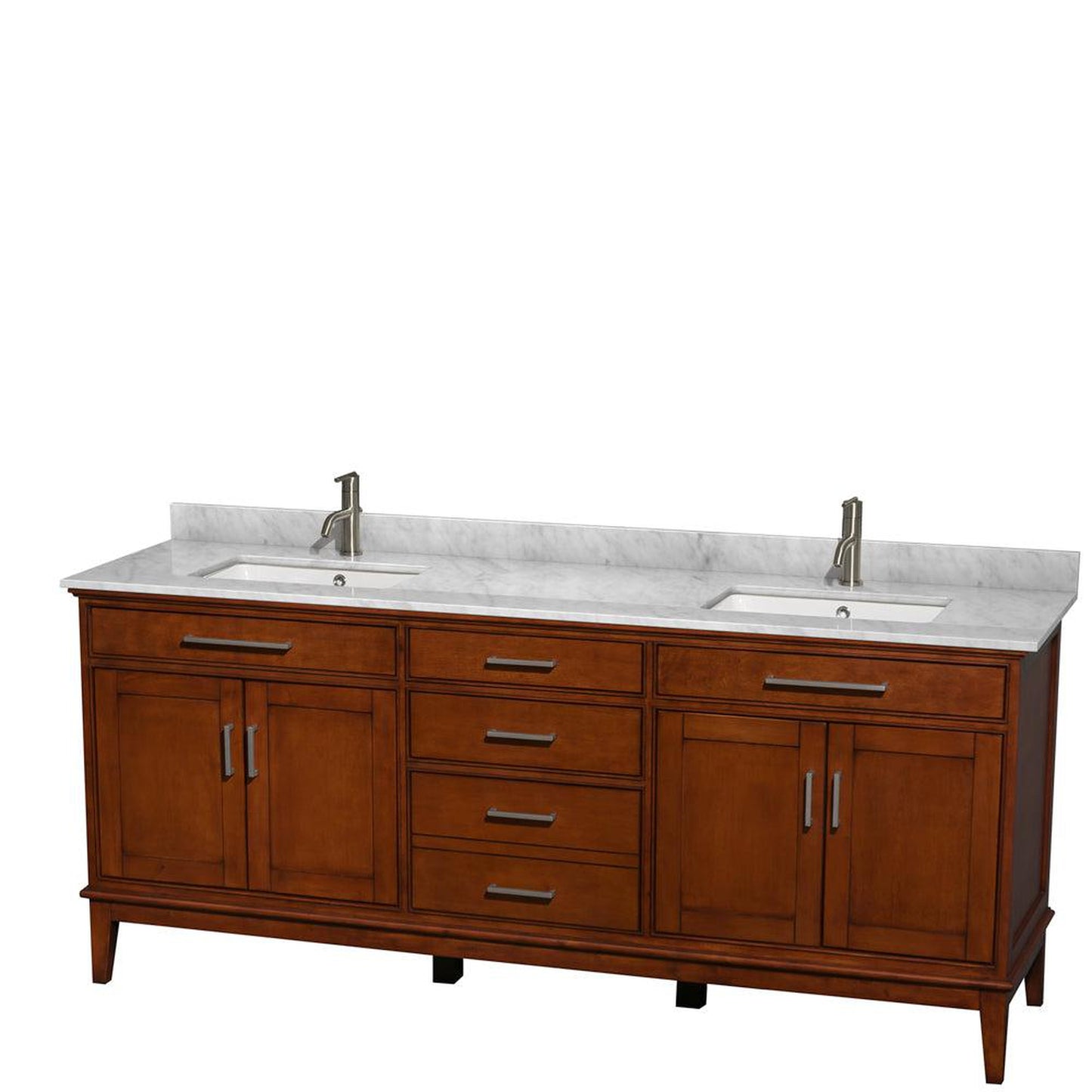 Wyndham Collection Hatton 80" Double Bathroom Vanity in Light Chestnut, White Carrara Marble Countertop, Undermount Square Sinks, and No Mirror