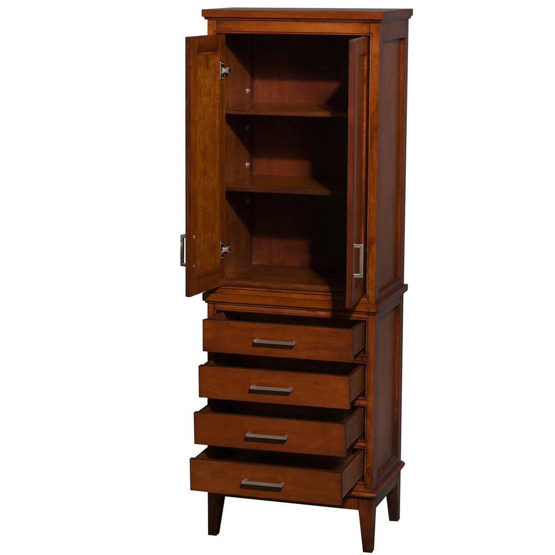 Wyndham Collection Hatton Bathroom Linen Tower in Light Chestnut With Shelved Cabinet Storage and 4 Drawers