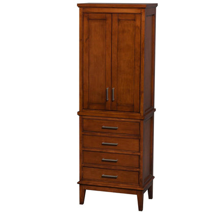 Wyndham Collection Hatton Bathroom Linen Tower in Light Chestnut With Shelved Cabinet Storage and 4 Drawers