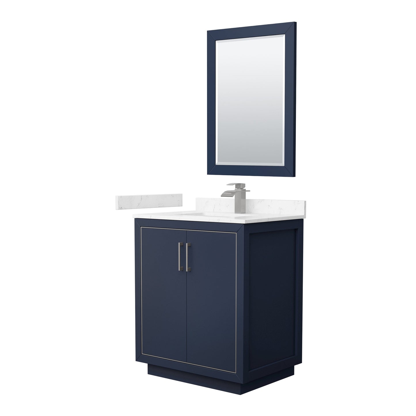 Wyndham Collection Icon 30" Single Bathroom Vanity in Dark Blue, Carrara Cultured Marble Countertop, Undermount Square Sink, Brushed Nickel Trim, 24" Mirror