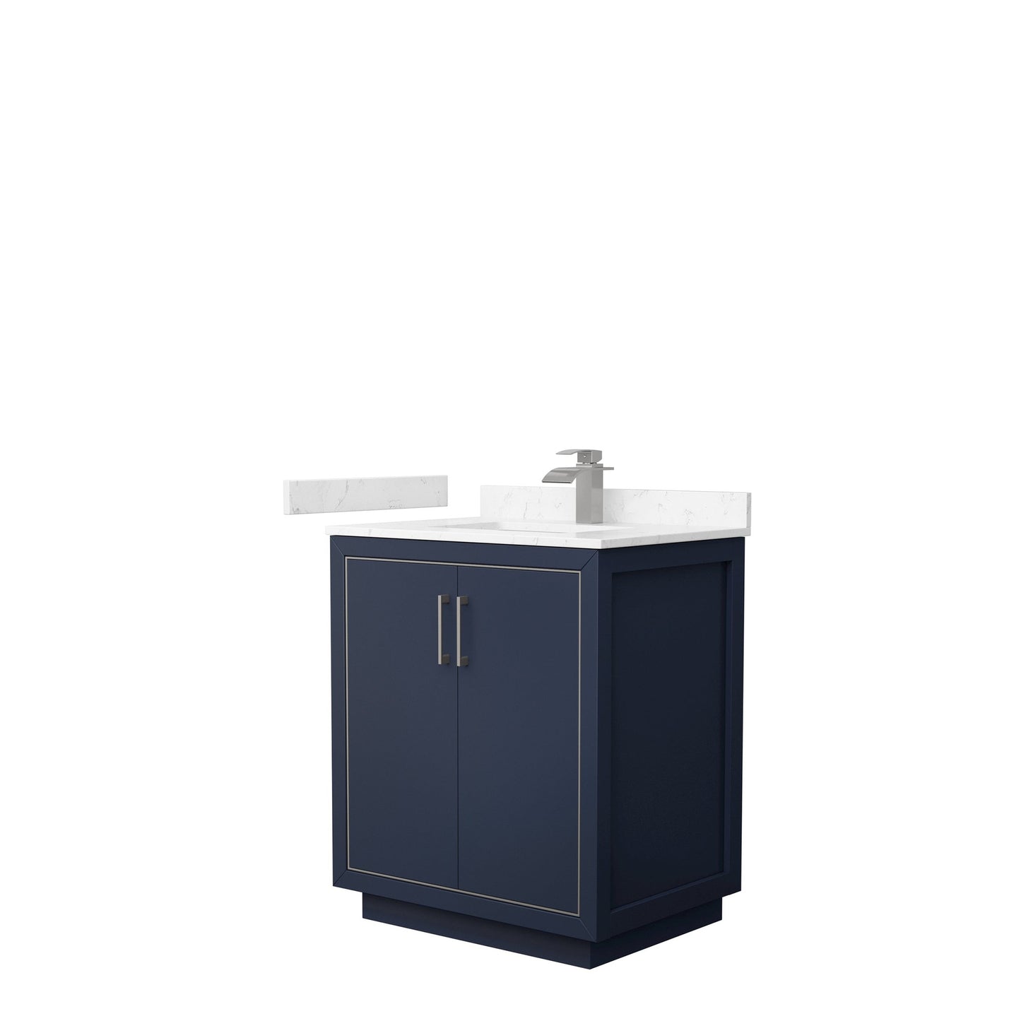 Wyndham Collection Icon 30" Single Bathroom Vanity in Dark Blue, Carrara Cultured Marble Countertop, Undermount Square Sink, Brushed Nickel Trim