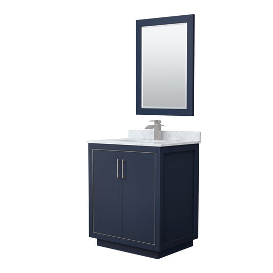 Wyndham Collection Icon 30" Single Bathroom Vanity in Dark Blue, White Carrara Marble Countertop, Undermount Square Sink, Brushed Nickel Trim, 24" Mirror