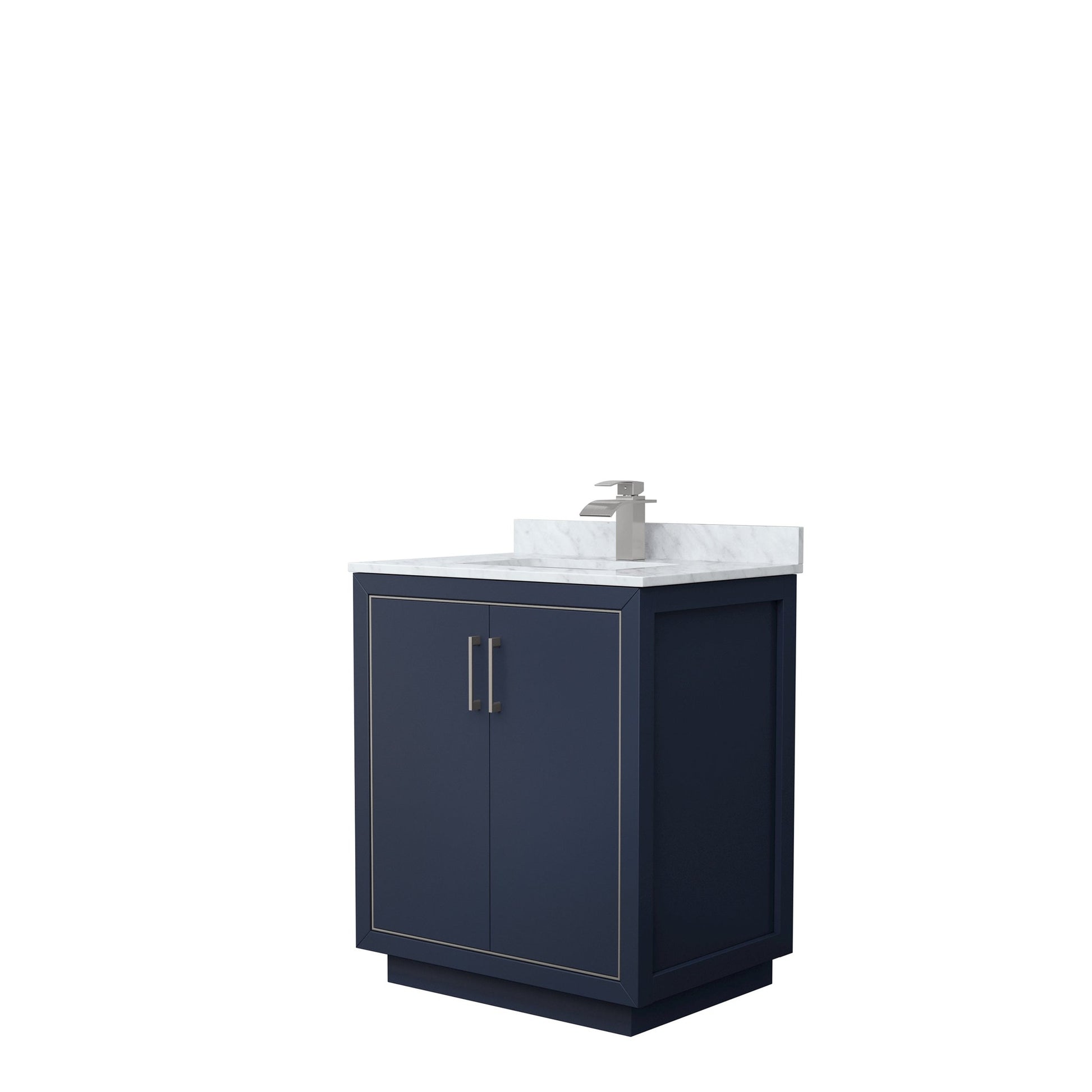 Wyndham Collection Icon 30" Single Bathroom Vanity in Dark Blue, White Carrara Marble Countertop, Undermount Square Sink, Brushed Nickel Trim