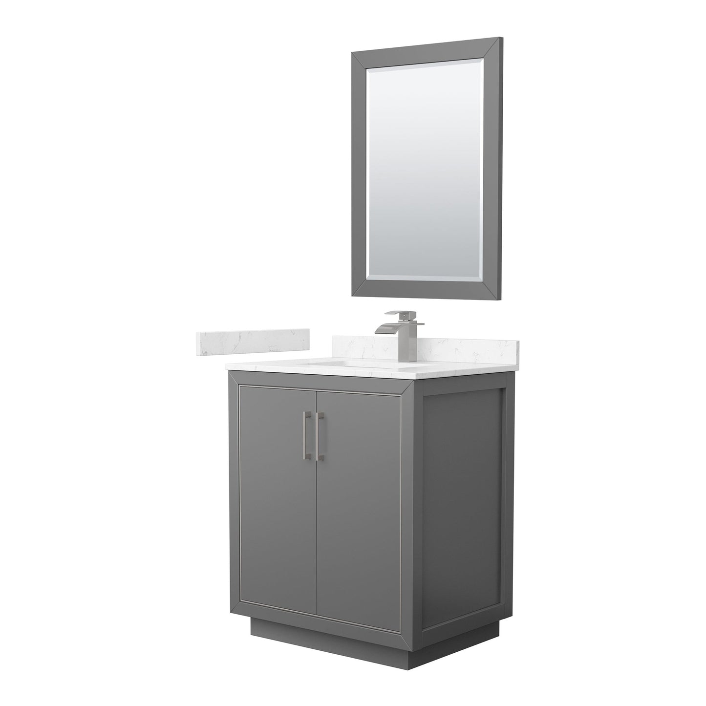 Wyndham Collection Icon 30" Single Bathroom Vanity in Dark Gray, Carrara Cultured Marble Countertop, Undermount Square Sink, Brushed Nickel Trim, 24" Mirror
