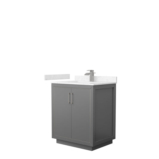 Wyndham Collection Icon 30" Single Bathroom Vanity in Dark Gray, Carrara Cultured Marble Countertop, Undermount Square Sink, Brushed Nickel Trim