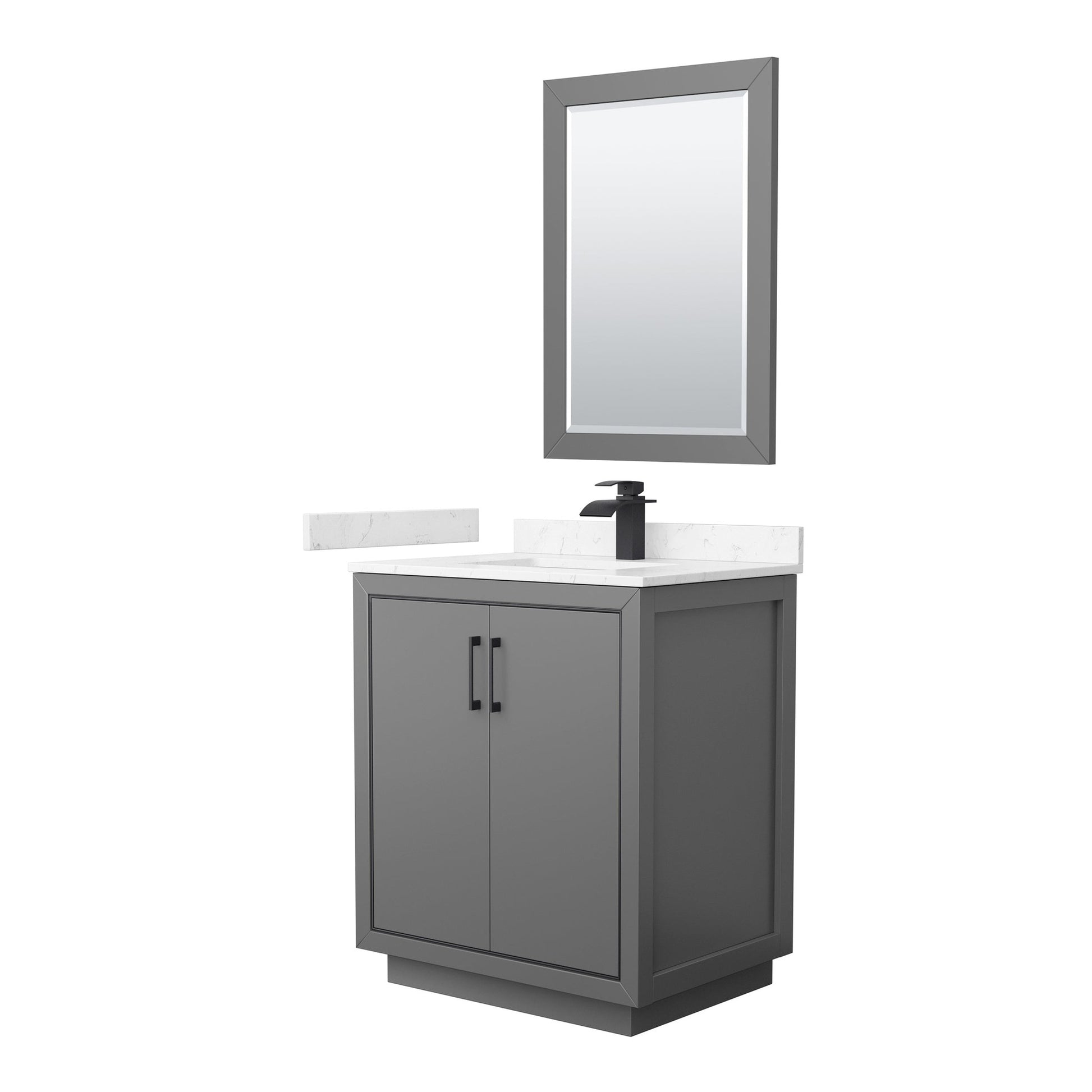 Wyndham Collection Icon 30" Single Bathroom Vanity in Dark Gray, Carrara Cultured Marble Countertop, Undermount Square Sink, Matte Black Trim, 24" Mirror