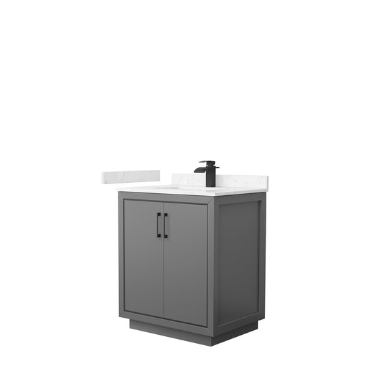 Wyndham Collection Icon 30" Single Bathroom Vanity in Dark Gray, Carrara Cultured Marble Countertop, Undermount Square Sink, Matte Black Trim