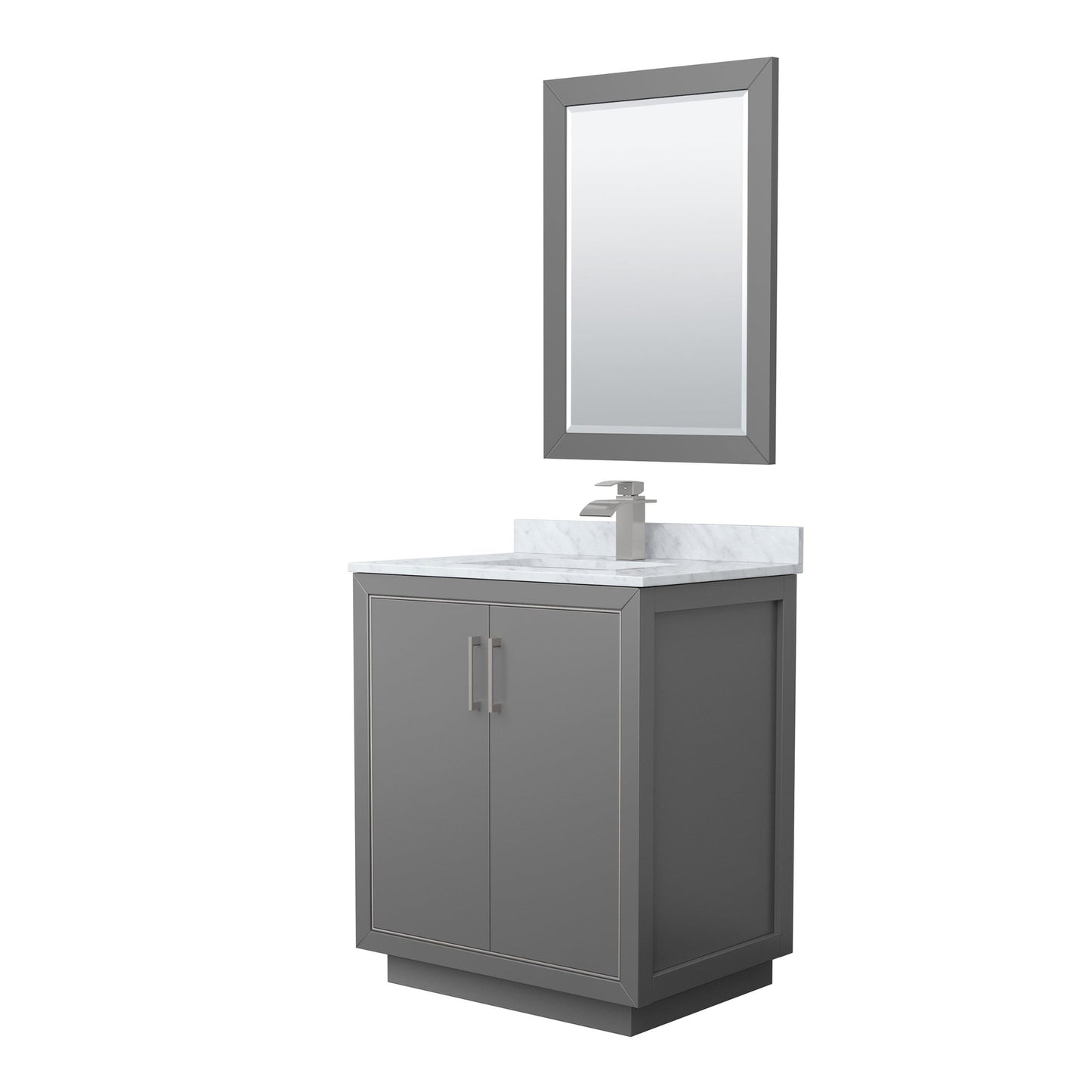 Wyndham Collection Icon 30" Single Bathroom Vanity in Dark Gray, White Carrara Marble Countertop, Undermount Square Sink, Brushed Nickel Trim, 24" Mirror