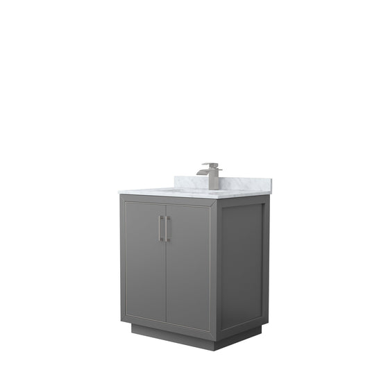 Wyndham Collection Icon 30" Single Bathroom Vanity in Dark Gray, White Carrara Marble Countertop, Undermount Square Sink, Brushed Nickel Trim
