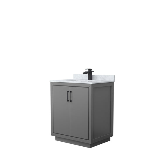 Wyndham Collection Icon 30" Single Bathroom Vanity in Dark Gray, White Carrara Marble Countertop, Undermount Square Sink, Matte Black Trim