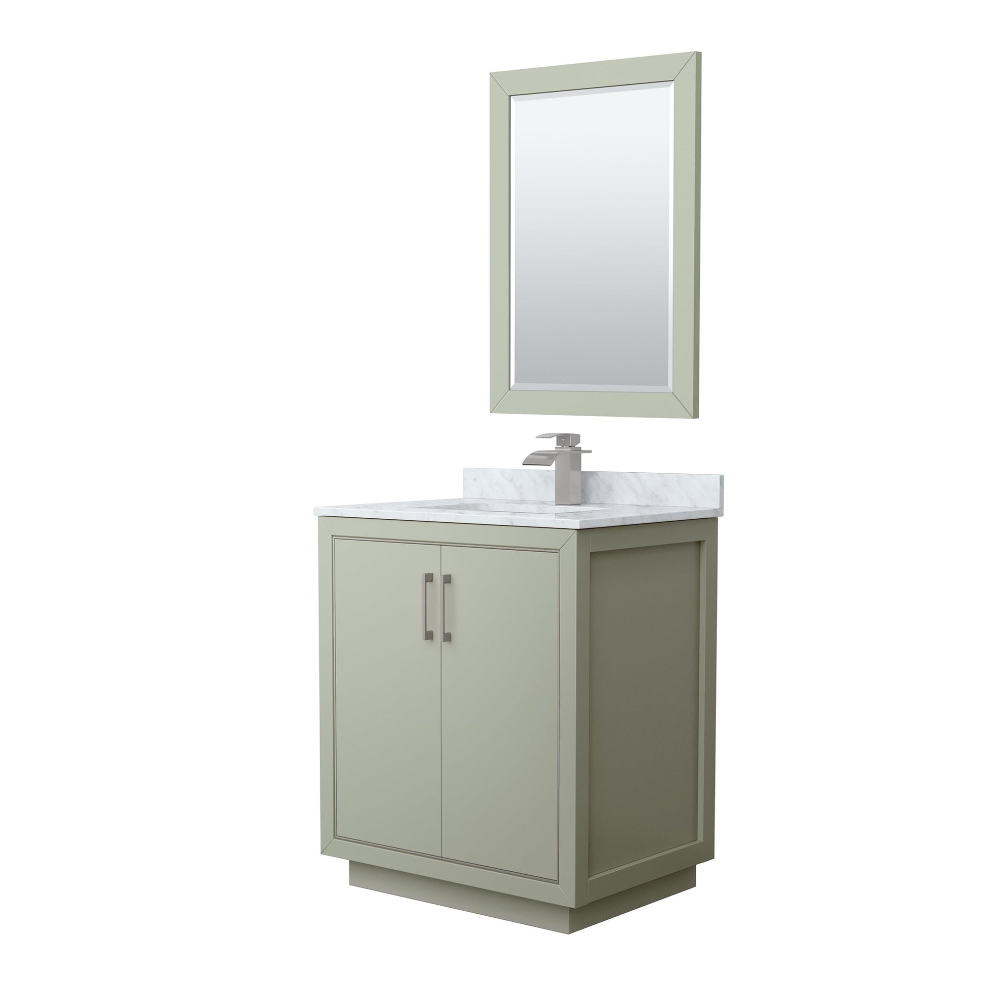 Wyndham Collection Icon 30" Single Bathroom Vanity in Light Green, White Carrara Marble Countertop, Undermount Square Sink, Brushed Nickel Trim, 24" Mirror