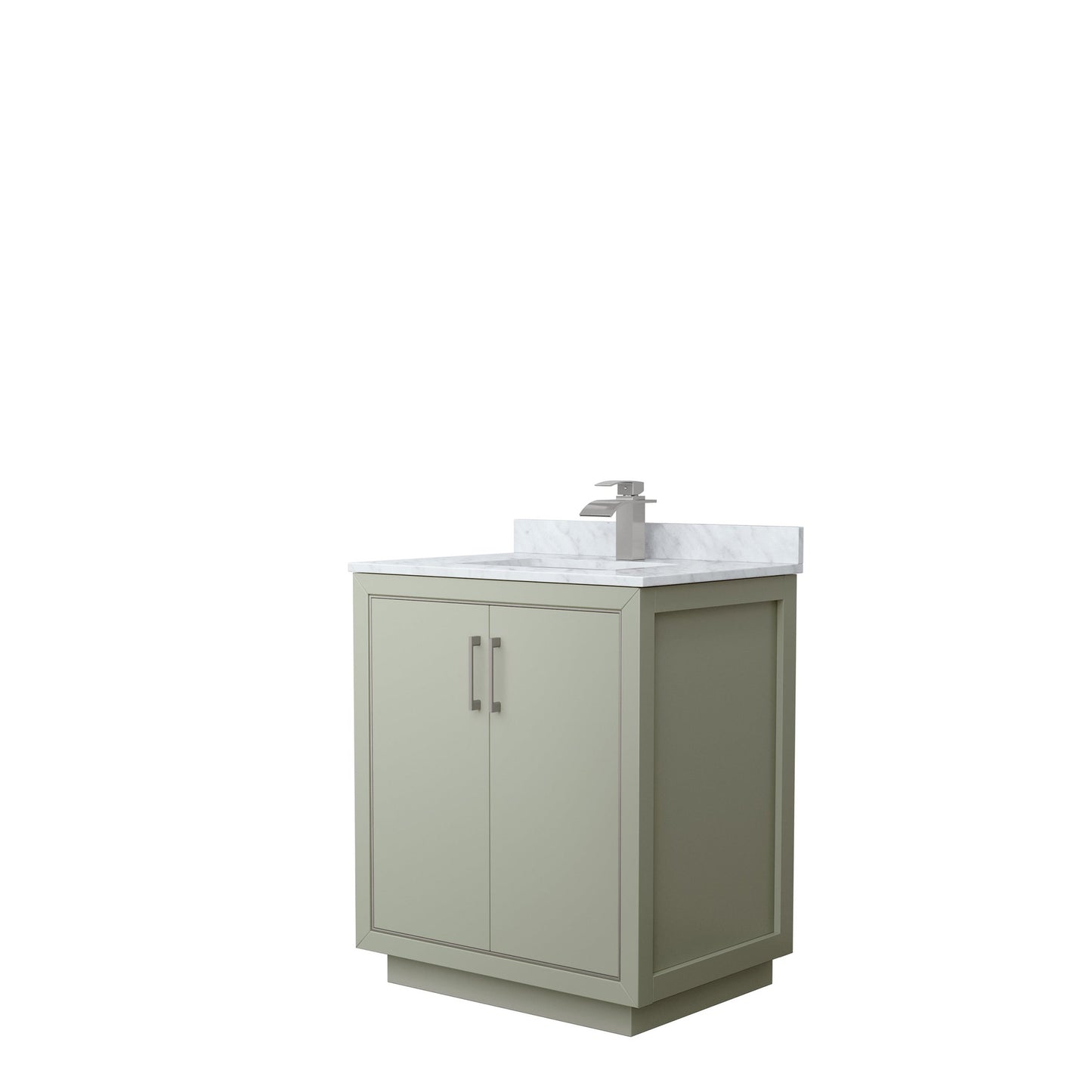 Wyndham Collection Icon 30" Single Bathroom Vanity in Light Green, White Carrara Marble Countertop, Undermount Square Sink, Brushed Nickel Trim
