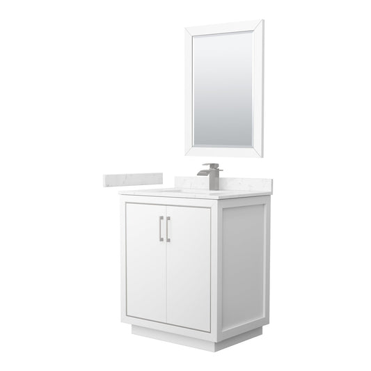 Wyndham Collection Icon 30" Single Bathroom Vanity in White, Carrara Cultured Marble Countertop, Undermount Square Sink, Brushed Nickel Trim, 24" Mirror