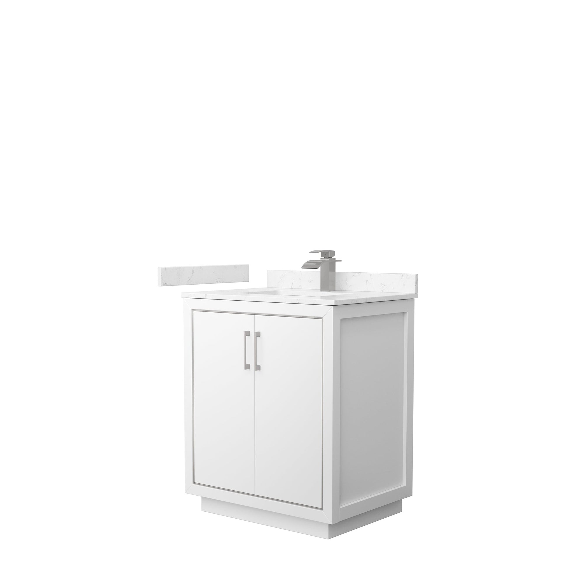 Wyndham Collection Icon 30" Single Bathroom Vanity in White, Carrara Cultured Marble Countertop, Undermount Square Sink, Brushed Nickel Trim