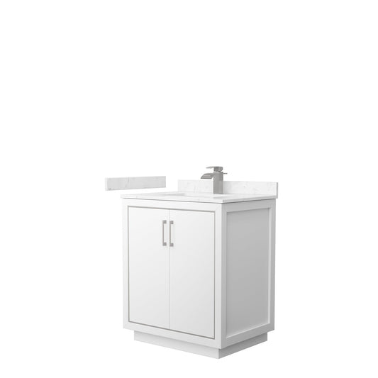 Wyndham Collection Icon 30" Single Bathroom Vanity in White, Carrara Cultured Marble Countertop, Undermount Square Sink, Brushed Nickel Trim