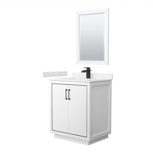 Wyndham Collection Icon 30" Single Bathroom Vanity in White, Carrara Cultured Marble Countertop, Undermount Square Sink, Matte Black Trim, 24" Mirror