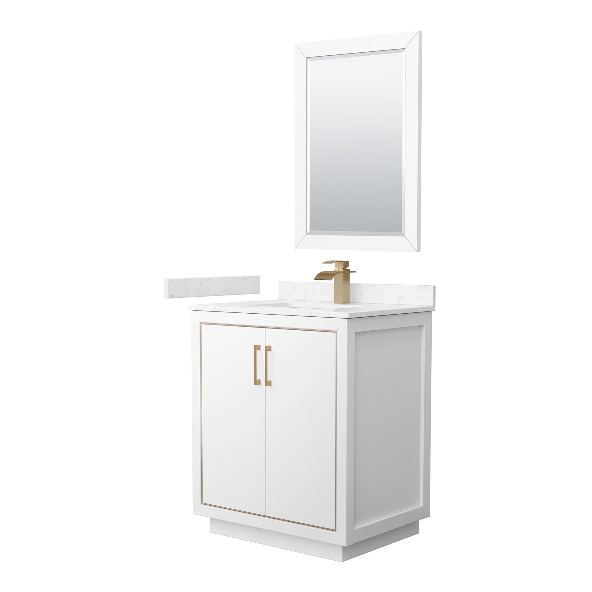 Wyndham Collection Icon 30" Single Bathroom Vanity in White, Carrara Cultured Marble Countertop, Undermount Square Sink, Satin Bronze Trim, 24" Mirror