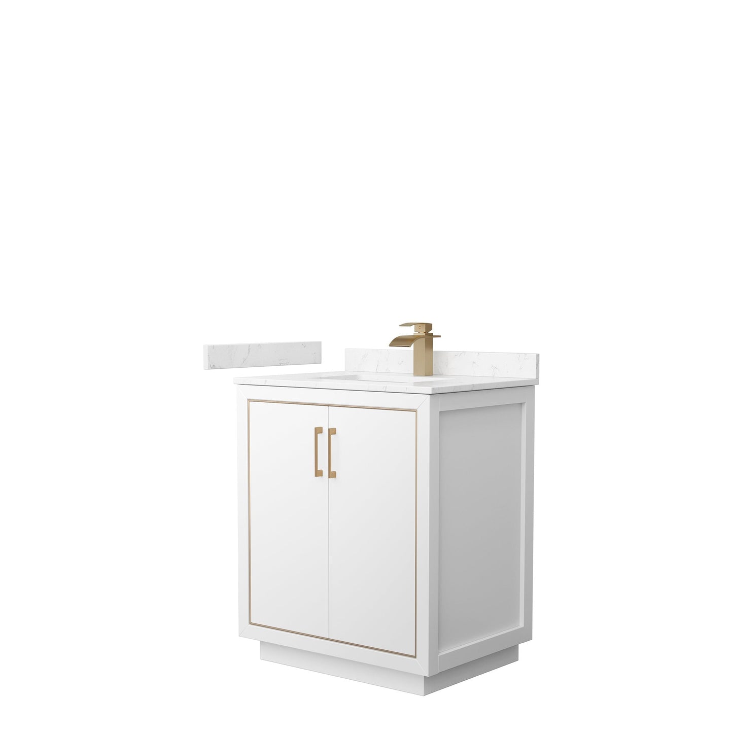 Wyndham Collection Icon 30" Single Bathroom Vanity in White, Carrara Cultured Marble Countertop, Undermount Square Sink, Satin Bronze Trim