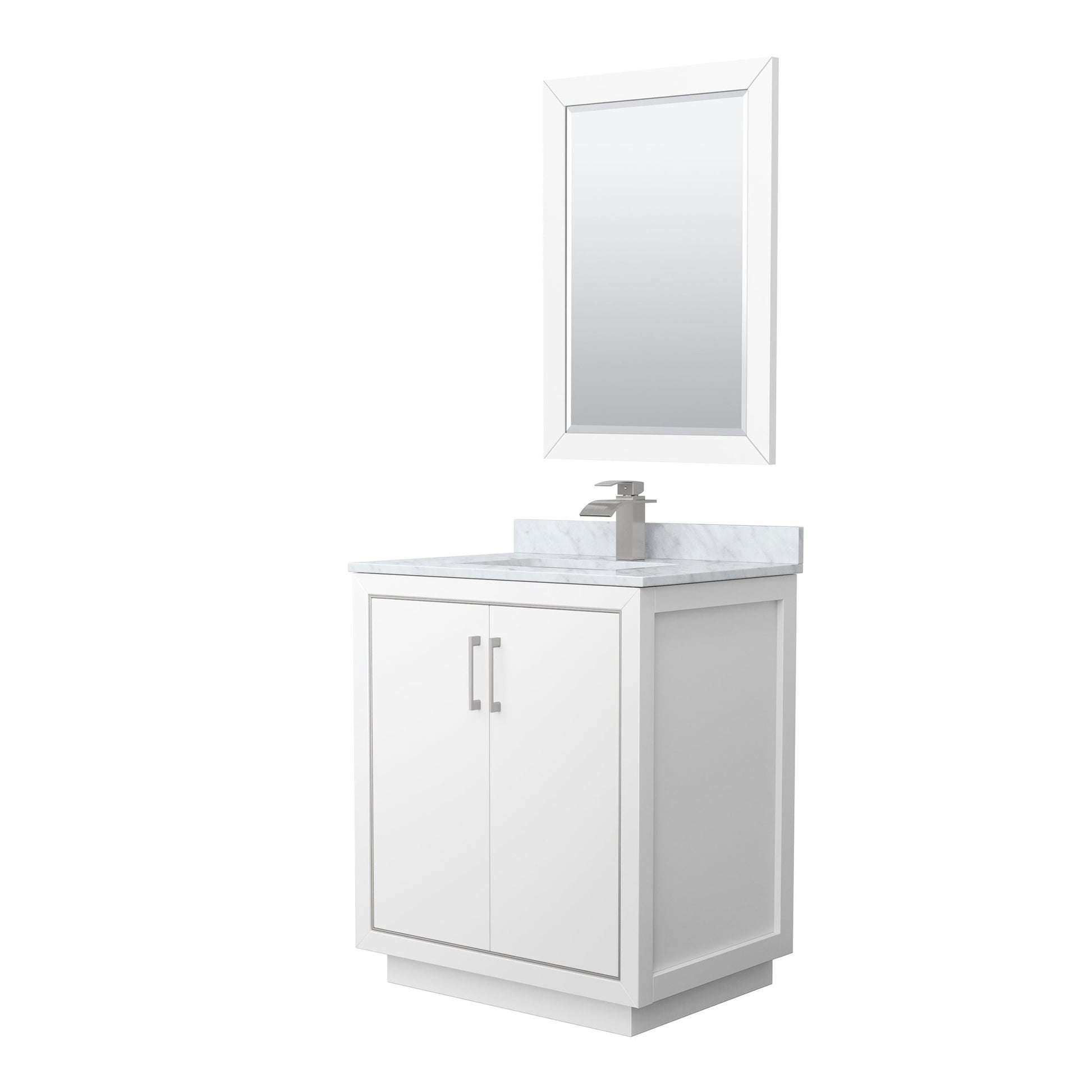 Wyndham Collection Icon 30" Single Bathroom Vanity in White, White Carrara Marble Countertop, Undermount Square Sink, Brushed Nickel Trim, 24" Mirror