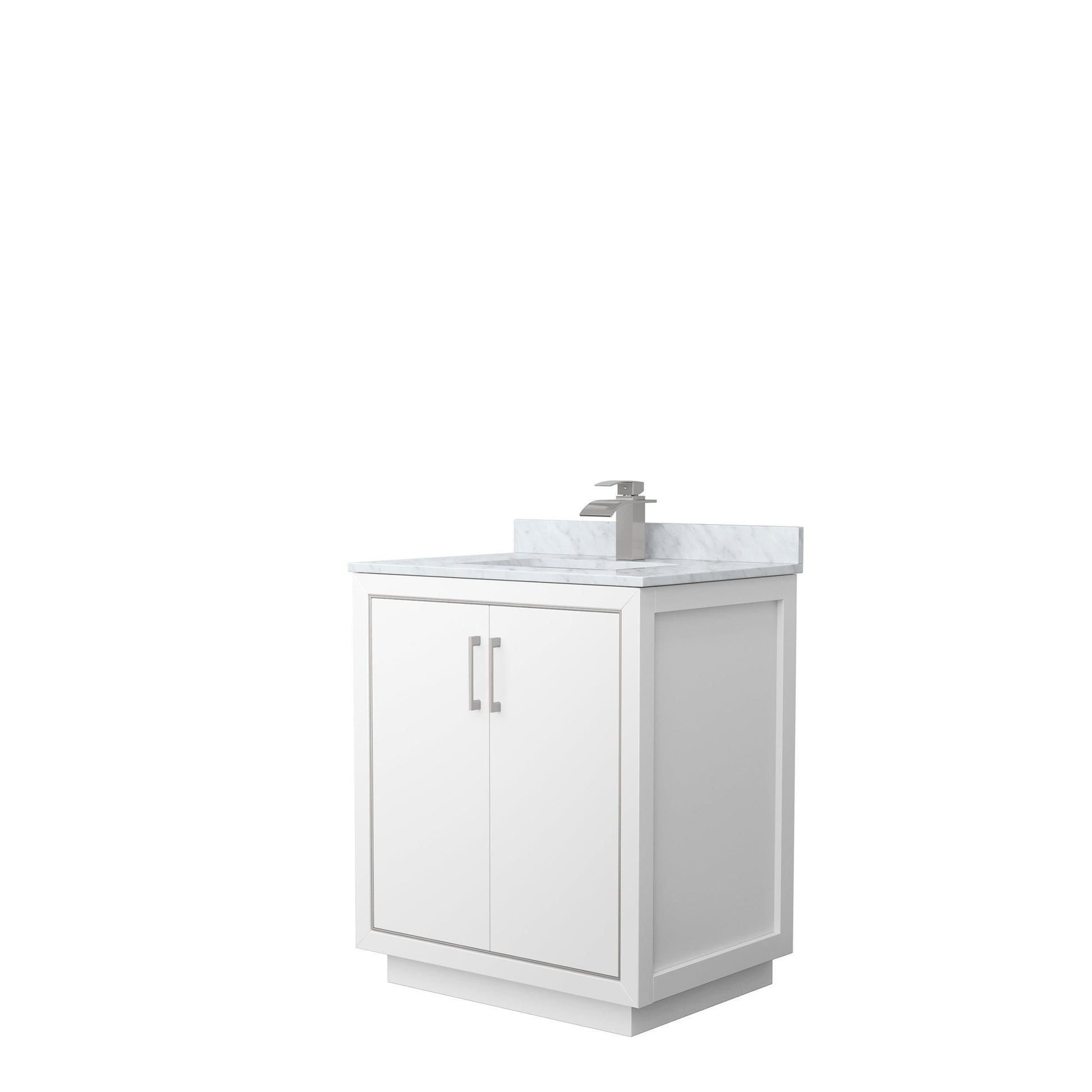 Wyndham Collection Icon 30" Single Bathroom Vanity in White, White Carrara Marble Countertop, Undermount Square Sink, Brushed Nickel Trim