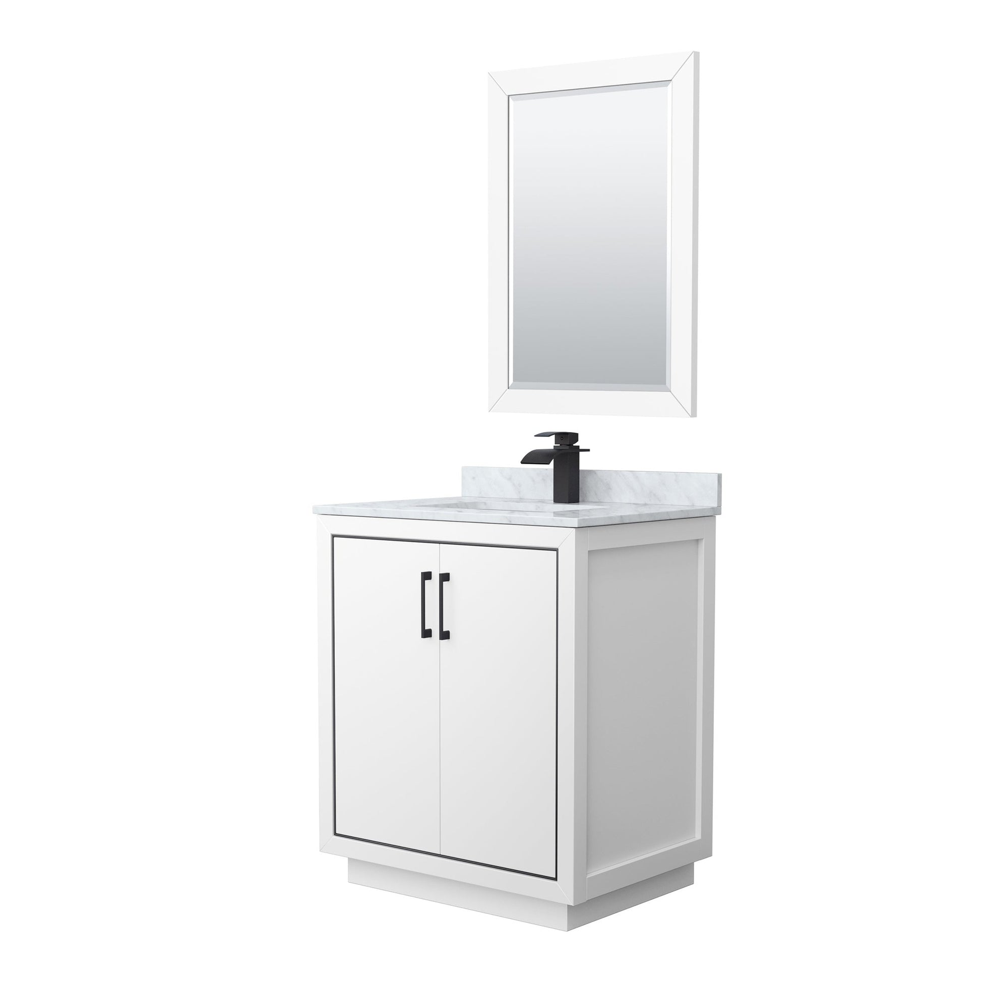 Wyndham Collection Icon 30" Single Bathroom Vanity in White, White Carrara Marble Countertop, Undermount Square Sink, Matte Black Trim, 24" Mirror