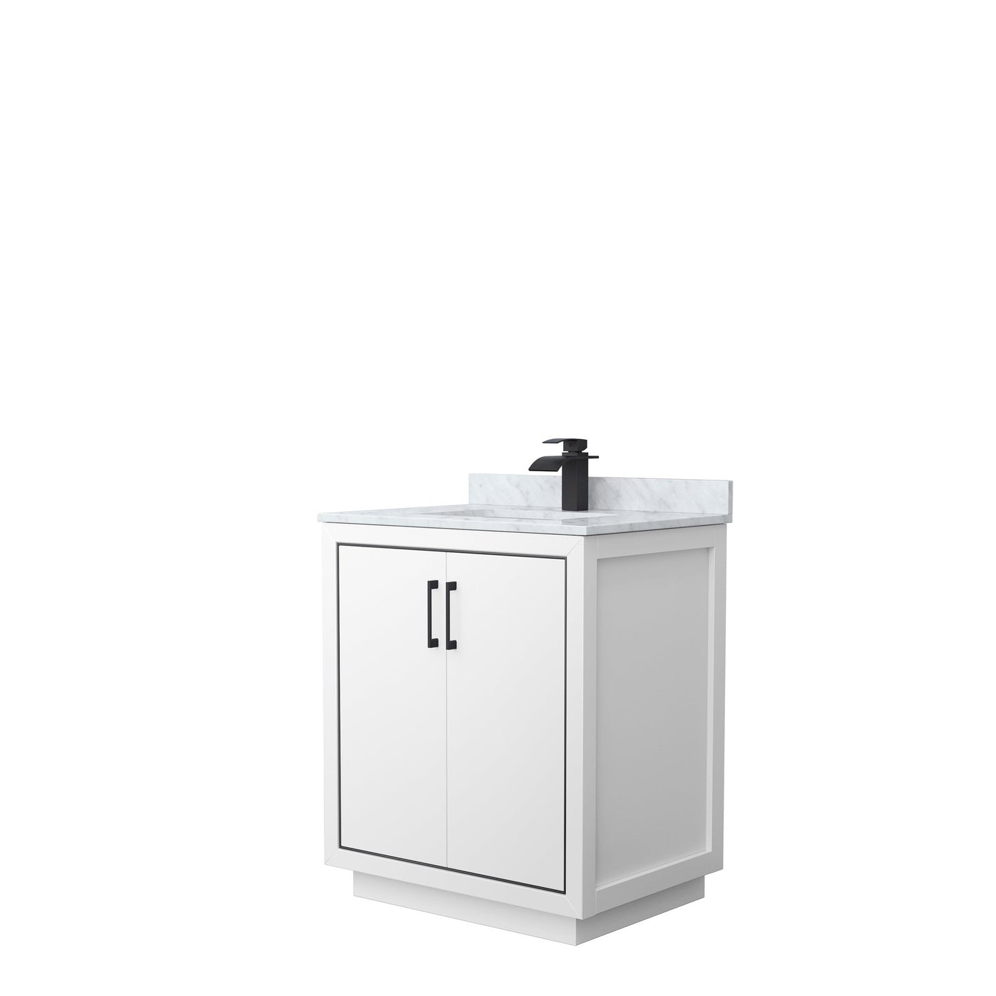 Wyndham Collection Icon 30" Single Bathroom Vanity in White, White Carrara Marble Countertop, Undermount Square Sink, Matte Black Trim