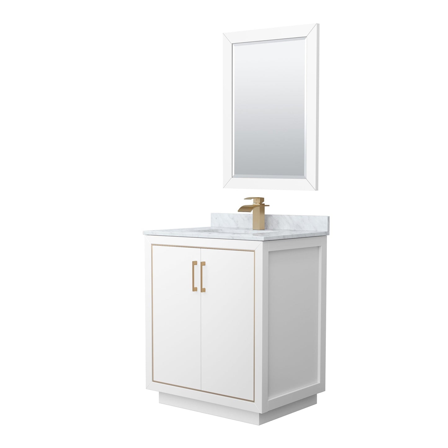 Wyndham Collection Icon 30" Single Bathroom Vanity in White, White Carrara Marble Countertop, Undermount Square Sink, Satin Bronze Trim, 24" Mirror