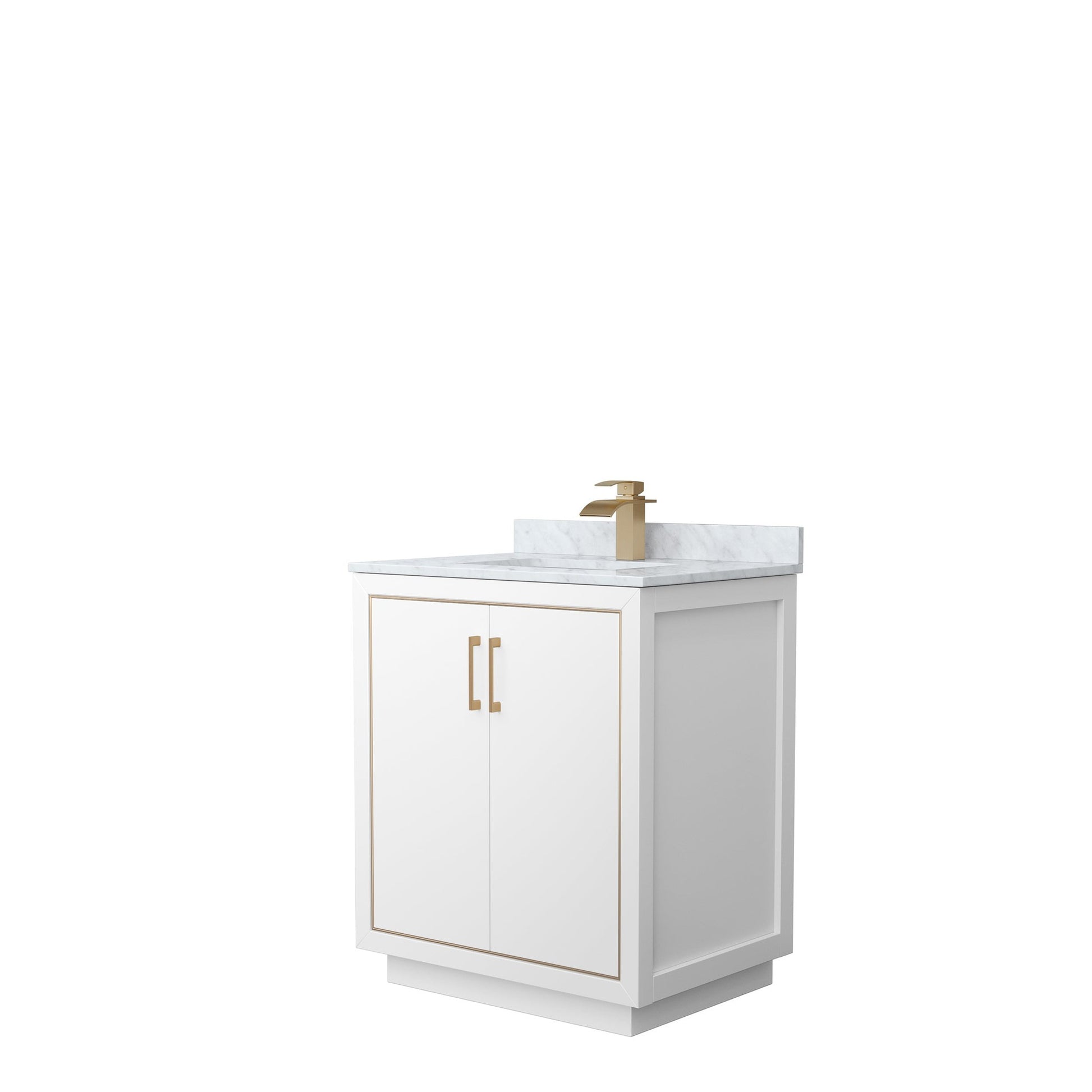 Wyndham Collection Icon 30" Single Bathroom Vanity in White, White Carrara Marble Countertop, Undermount Square Sink, Satin Bronze Trim