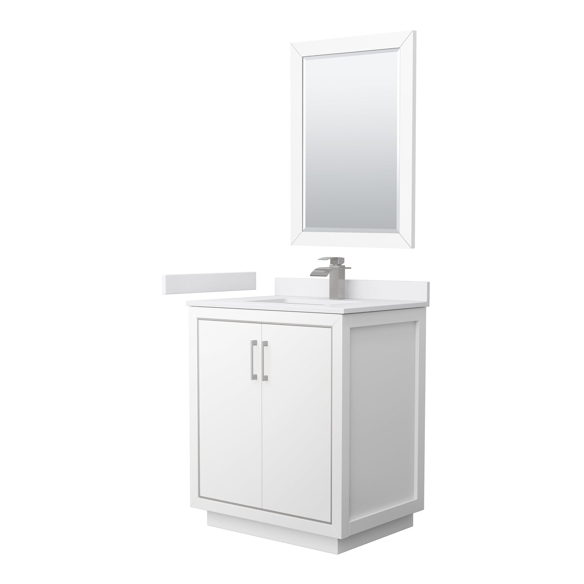 Wyndham Collection Icon 30" Single Bathroom Vanity in White, White Cultured Marble Countertop, Undermount Square Sink, Brushed Nickel Trim, 24" Mirror
