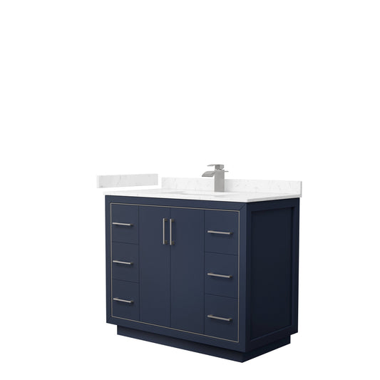 Wyndham Collection Icon 42" Single Bathroom Vanity in Dark Blue, Carrara Cultured Marble Countertop, Undermount Square Sink, Brushed Nickel Trim