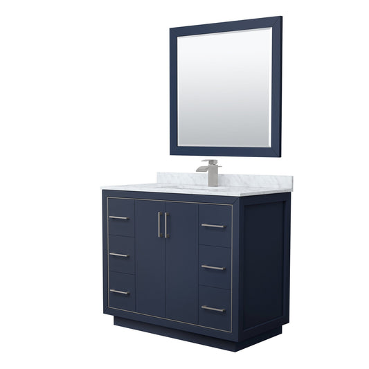 Wyndham Collection Icon 42" Single Bathroom Vanity in Dark Blue, White Carrara Marble Countertop, Undermount Square Sink, Brushed Nickel Trim, 34" Mirror