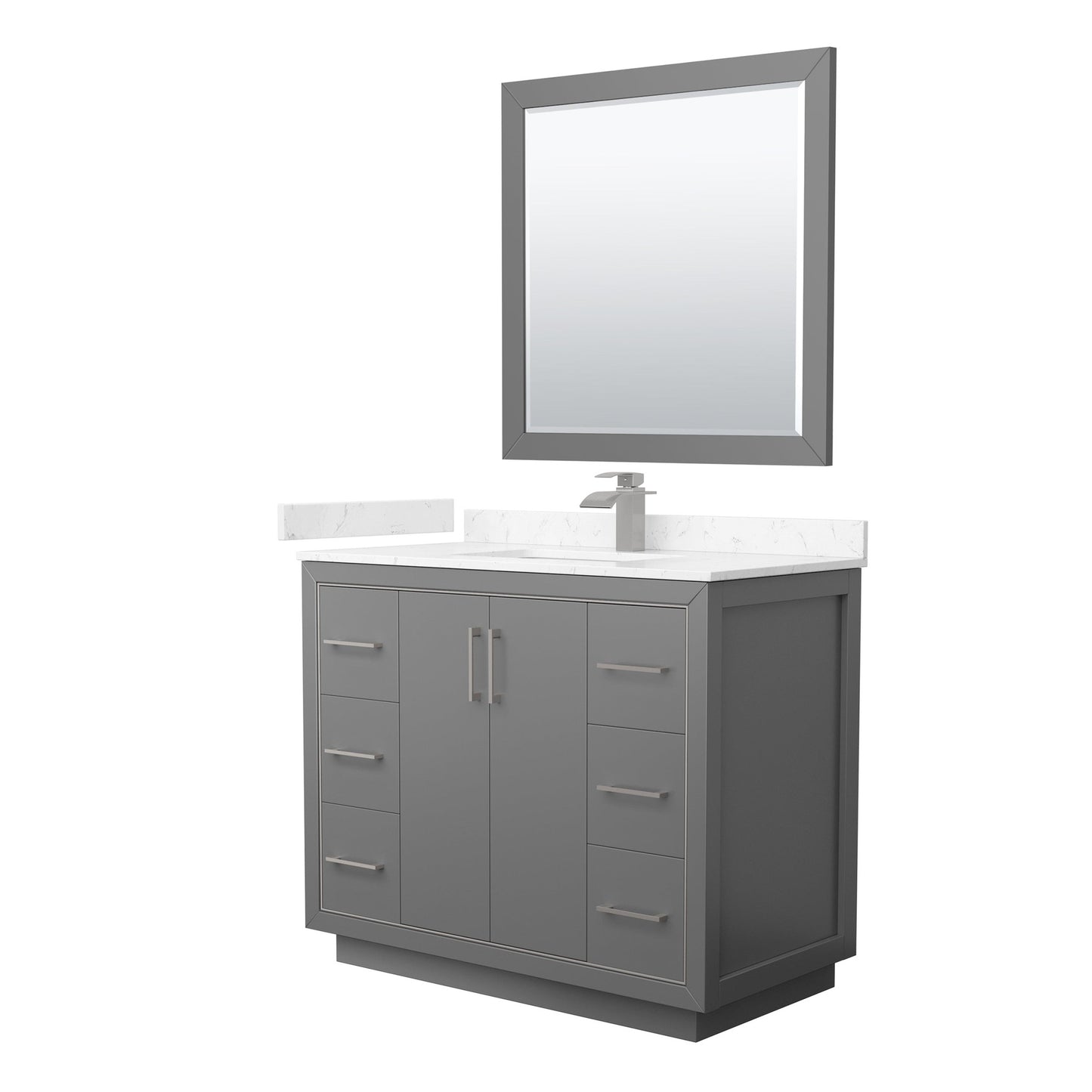 Wyndham Collection Icon 42" Single Bathroom Vanity in Dark Gray, Carrara Cultured Marble Countertop, Undermount Square Sink, Brushed Nickel Trim, 34" Mirror