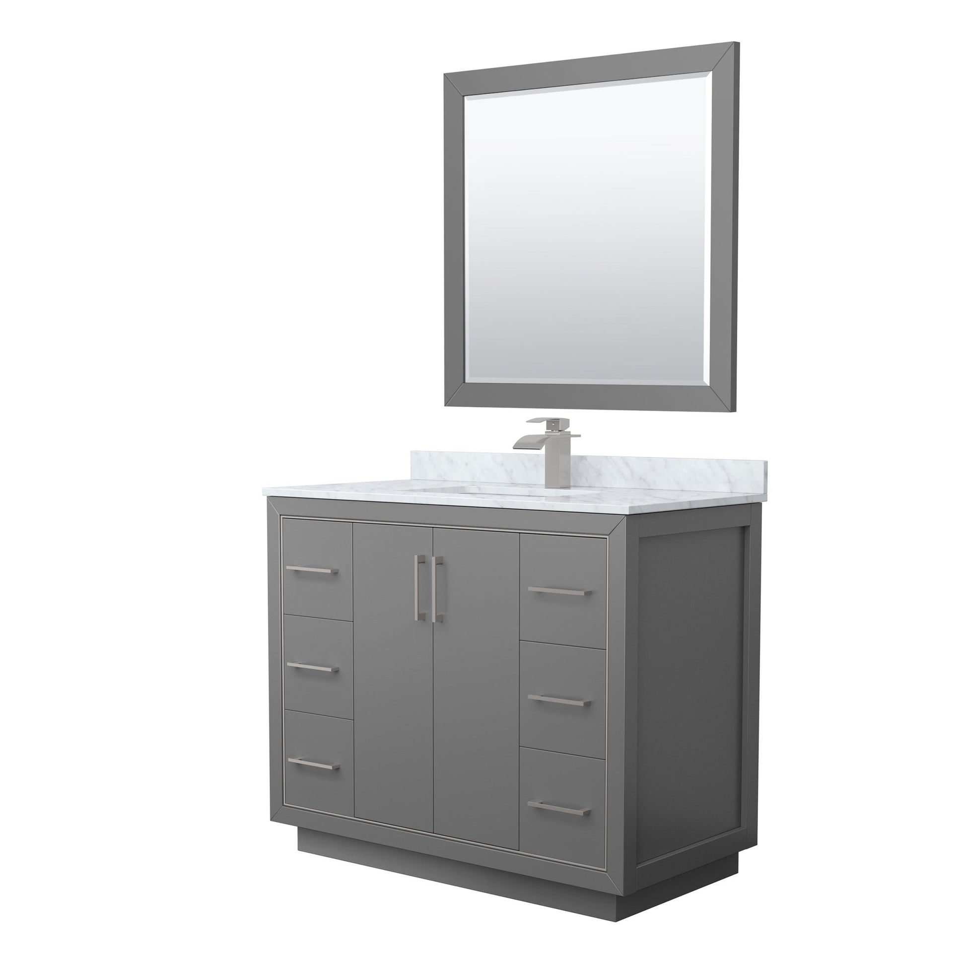 Wyndham Collection Icon 42" Single Bathroom Vanity in Dark Gray, White Carrara Marble Countertop, Undermount Square Sink, Brushed Nickel Trim, 34" Mirror