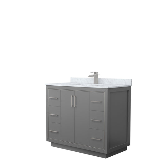 Wyndham Collection Icon 42" Single Bathroom Vanity in Dark Gray, White Carrara Marble Countertop, Undermount Square Sink, Brushed Nickel Trim