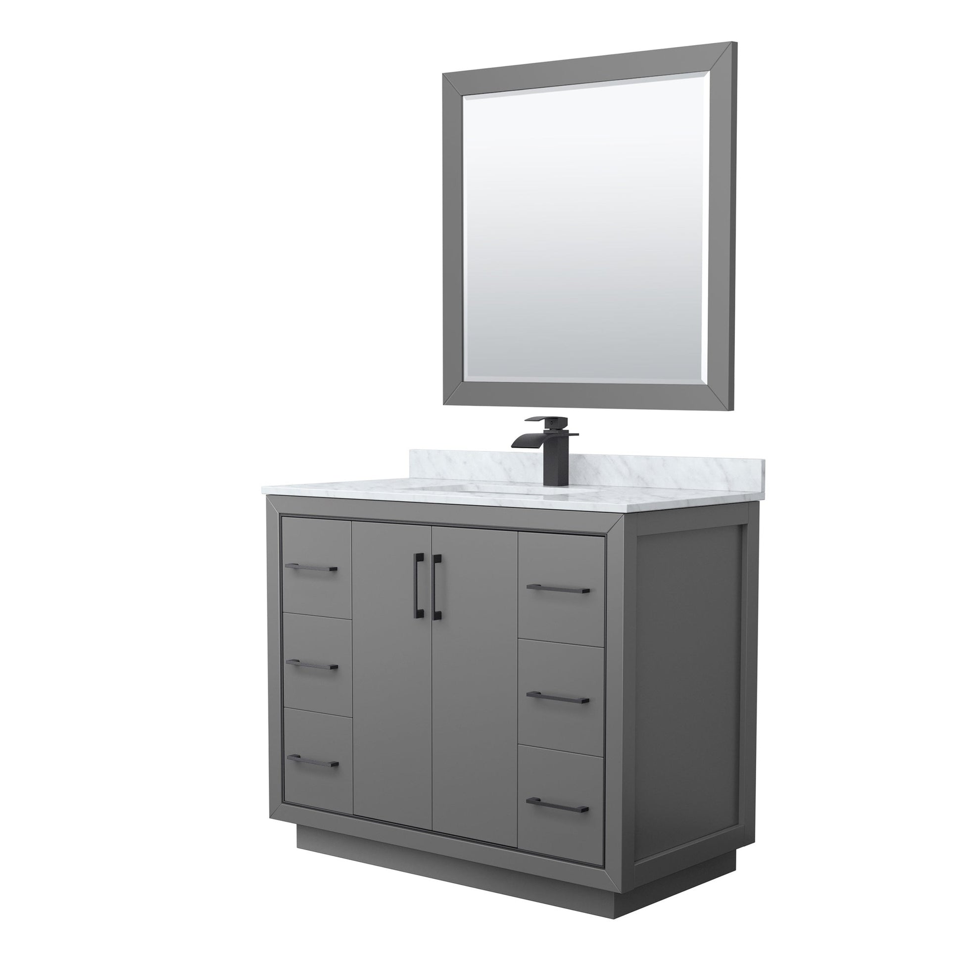 Wyndham Collection Icon 42" Single Bathroom Vanity in Dark Gray, White Carrara Marble Countertop, Undermount Square Sink, Matte Black Trim, 34" Mirror